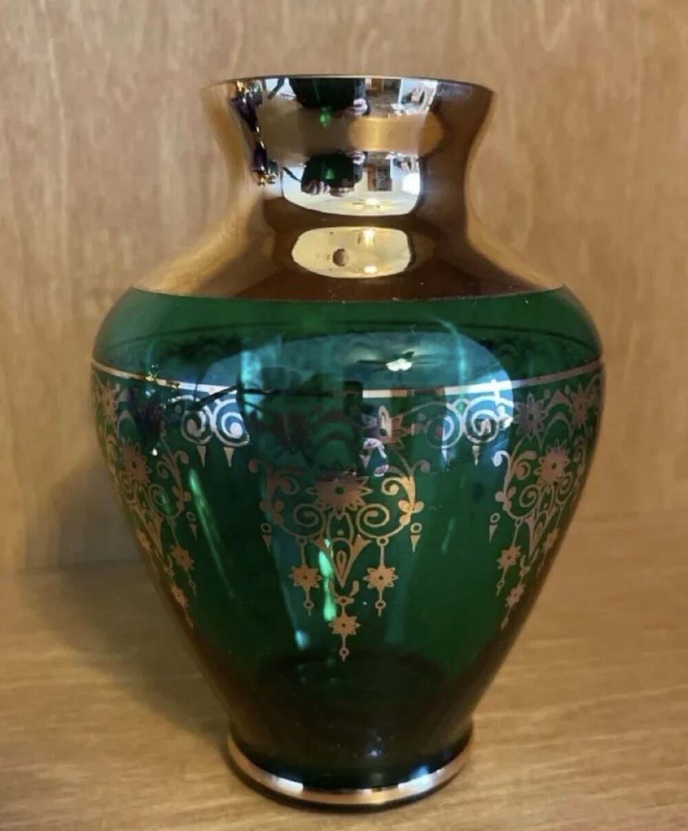 VTG Vecchia Murano Emerald Green Art Glass Bud Vase w/24K Gold Trim